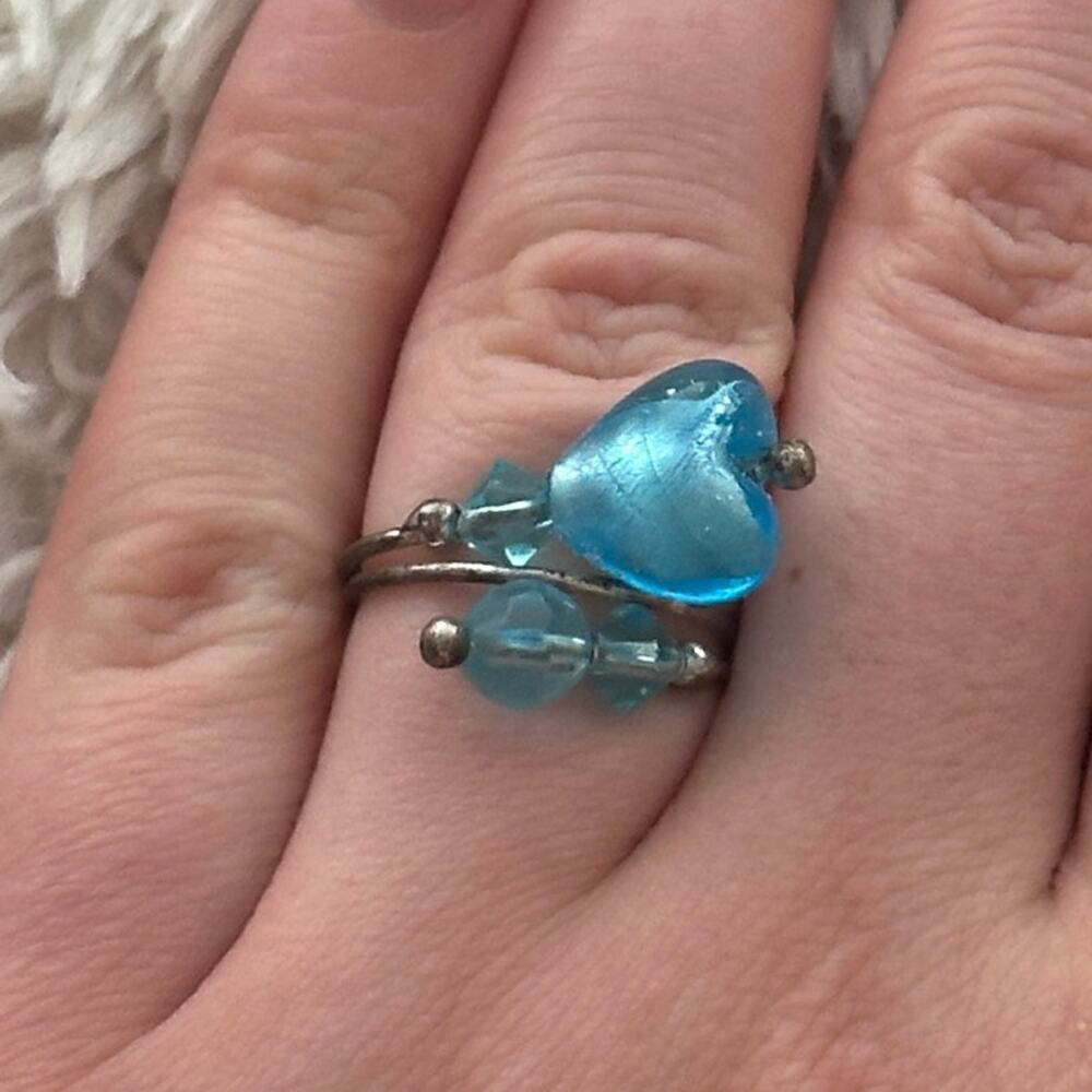 Silver Blue Beaded Ring Fashion Jewelry Iridescent Artisan Made